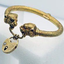 Antique Victorian Bangle Bracelet gold panther lion heads heart lock key (7649)