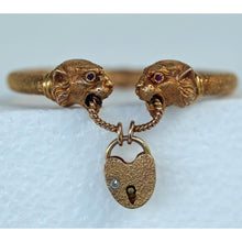 Antique Victorian Bangle Bracelet gold panther lion heads heart lock key