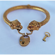 Antique Victorian Bangle Bracelet gold panther lion heads heart lock key (7649)