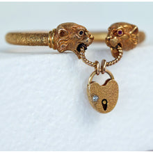 Antique Victorian Bangle Bracelet gold panther lion heads heart lock key (7649)