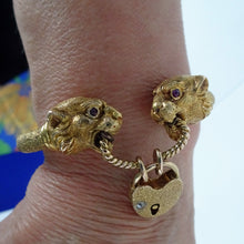 Antique Victorian Bangle Bracelet gold panther lion heads heart lock key (7649)
