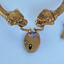 Antique Victorian Bangle Bracelet gold panther lion heads heart lock key (7649)