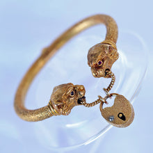Antique Victorian Bangle Bracelet gold panther lion heads heart lock key (7649)