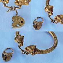 Antique Victorian Bangle Bracelet gold panther lion heads heart lock key (7649)
