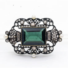 Antique Victorian brooch pin gold silver green tourmaline diamonds pearls (4199)