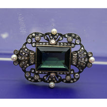 Antique Victorian brooch pin gold silver green tourmaline diamonds pearls (4199)