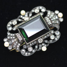 Antique Victorian brooch pin gold silver green tourmaline diamonds pearls (4199)