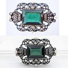 Antique Victorian brooch pin gold silver green tourmaline diamonds pearls (4199)
