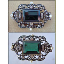 Antique Victorian brooch pin gold silver green tourmaline diamonds pearls (4199)