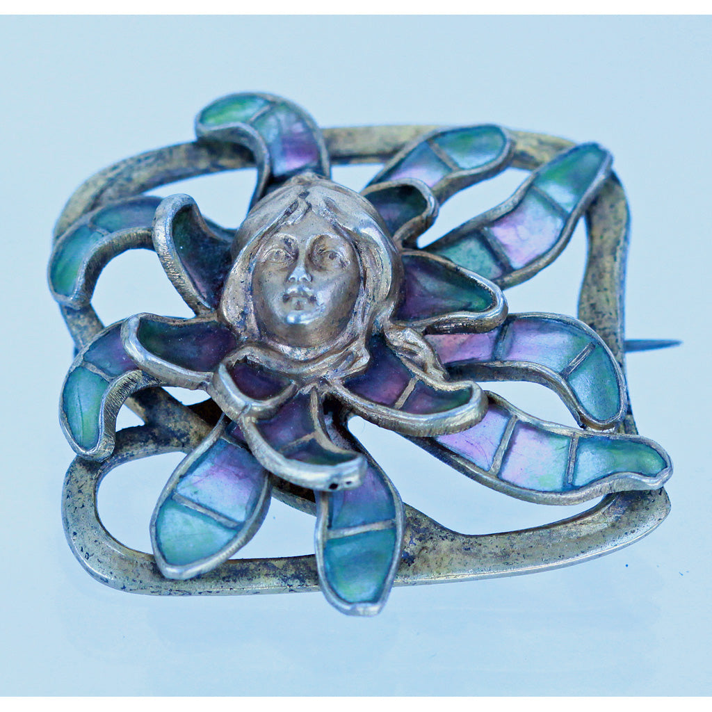 Jugendstil Nouveau Brooch Plique-a-jour Enamel Gilt Silver Meyle & Mayer (6313)
