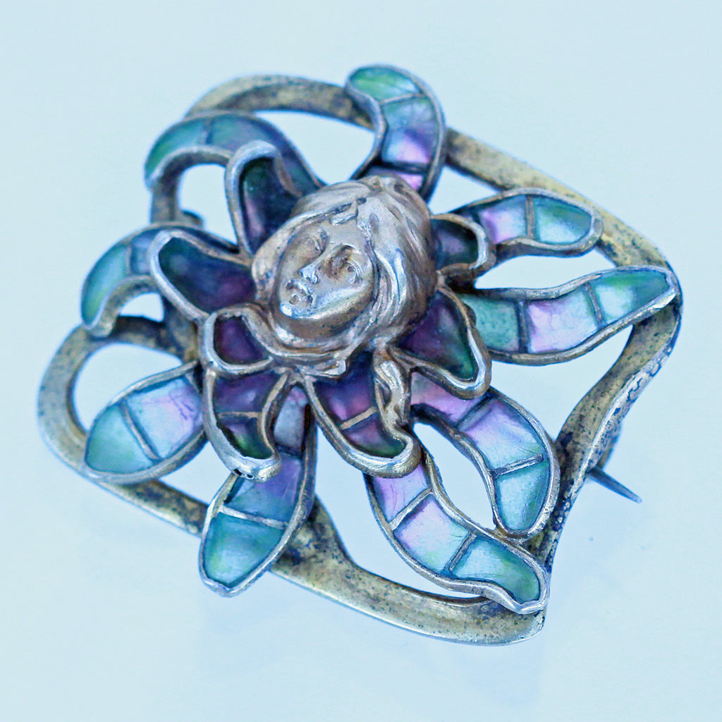 Jugendstil Nouveau Brooch Plique-a-jour Enamel Gilt Silver Meyle & Mayer (6313)