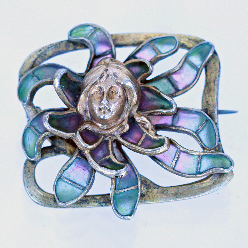 Jugendstil Nouveau Brooch Plique-a-jour Enamel Gilt Silver Meyle & Mayer (6313)