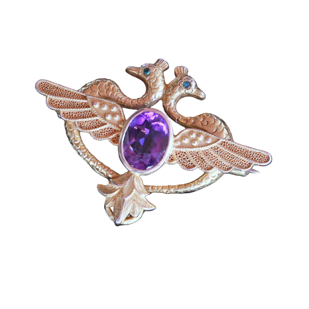 Carter, Gough & Co Antique Nouveau Brooch Pendant Gold Amethyst Peacocks (6511)
