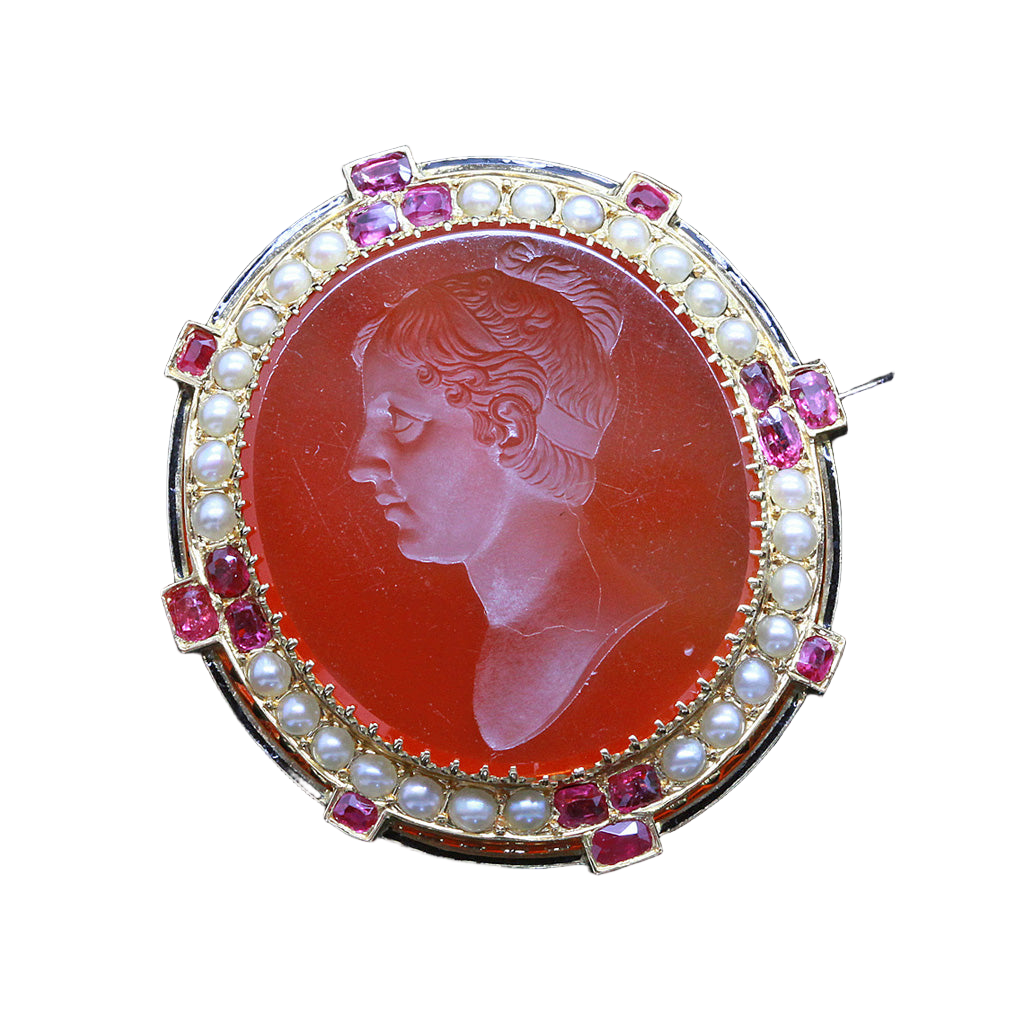 Victorian Brooch Pendant Intaglio Cameo Gold Carnelian Rubies Pearls (6670)