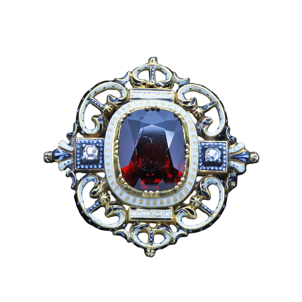 Carlo Giuliano Brooch Renaissance Revival Gold Enamel Garnet Diamonds (6671)