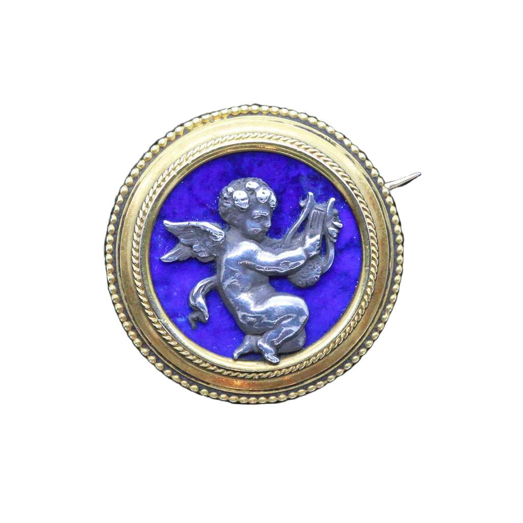 Fannière Frères Antique Brooch 18k Gold Silver Enamel Cherub Original Box (6788)
