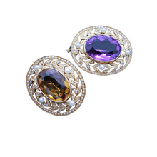 Antique Edwardian Pair Brooches 14k Gold Pearls Amethyst Citrine SOLINGER (6853)