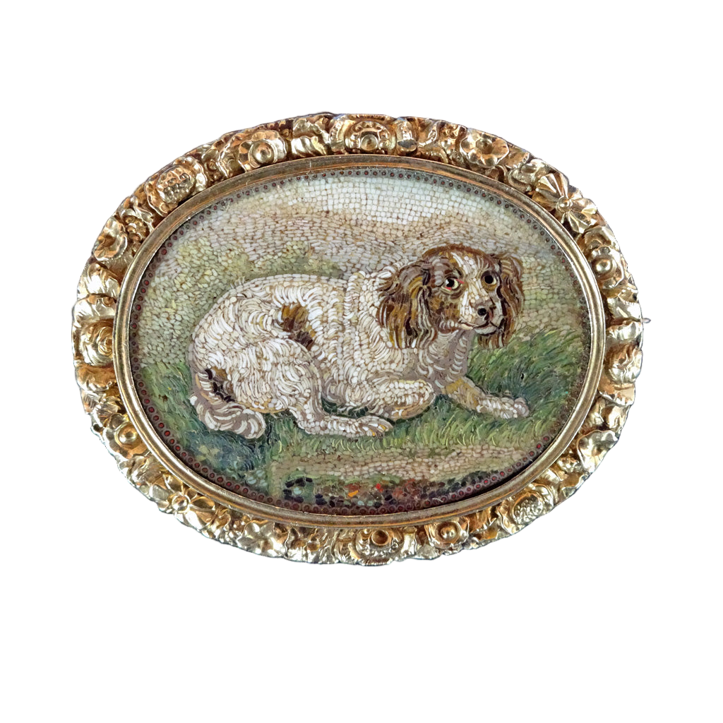 Antique Georgian Micromosaic Brooch Pendant Locket 14k Gold Spaniel Dog (7295)