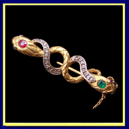 Antique Victorian brooch snakes gold silver emeralds rubies diamonds