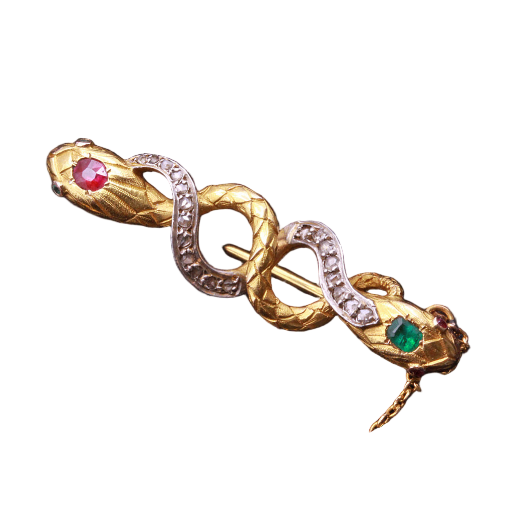 Antique Victorian Brooch snakes 18k gold silver emeralds rubies diamonds(7307)