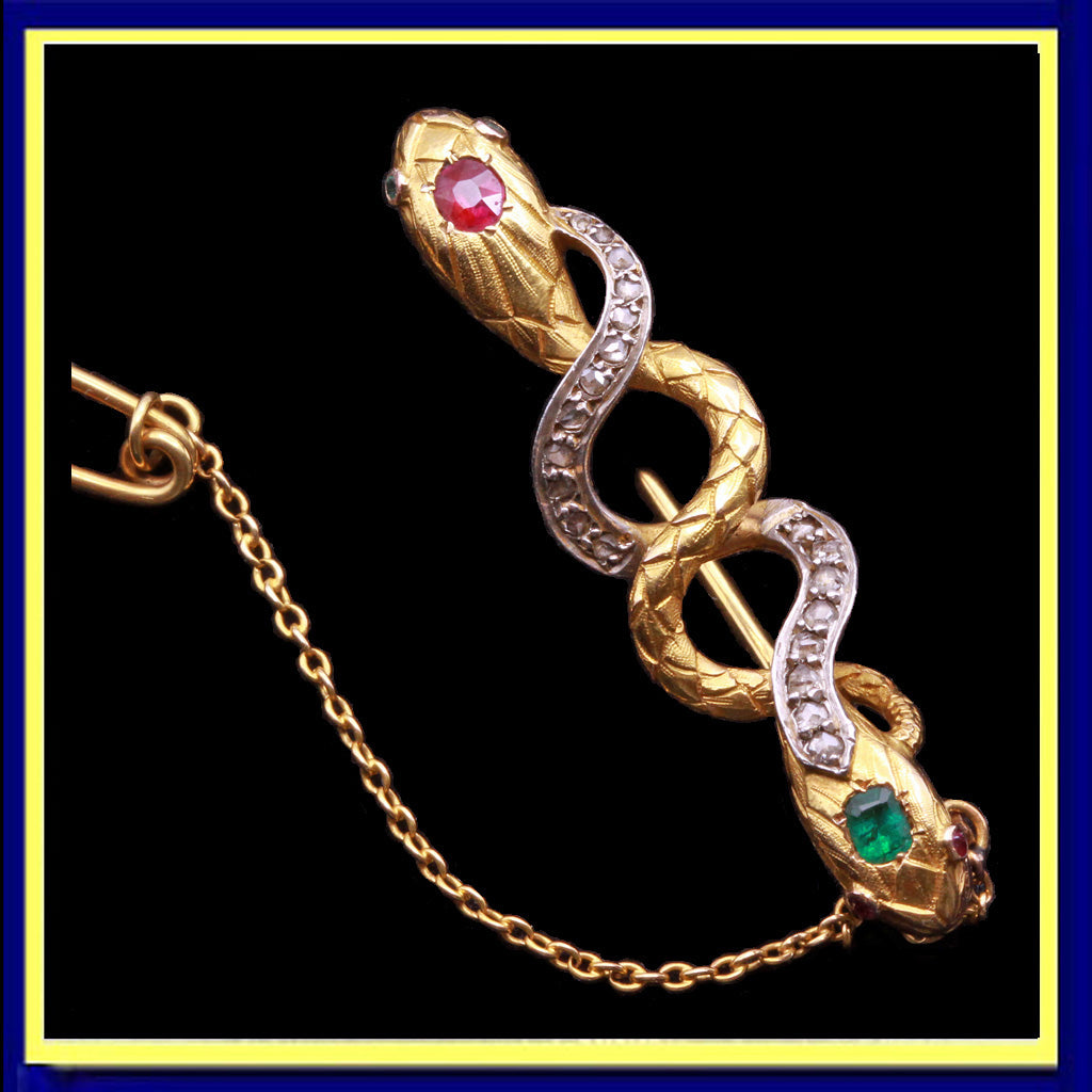 Antique Victorian Brooch snakes 18k gold silver emeralds rubies diamonds(7307)