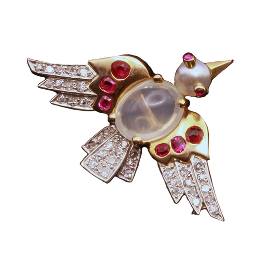 Retro Vintage brooch gold platin diamonds ruby moonstone pearl French bird (7324