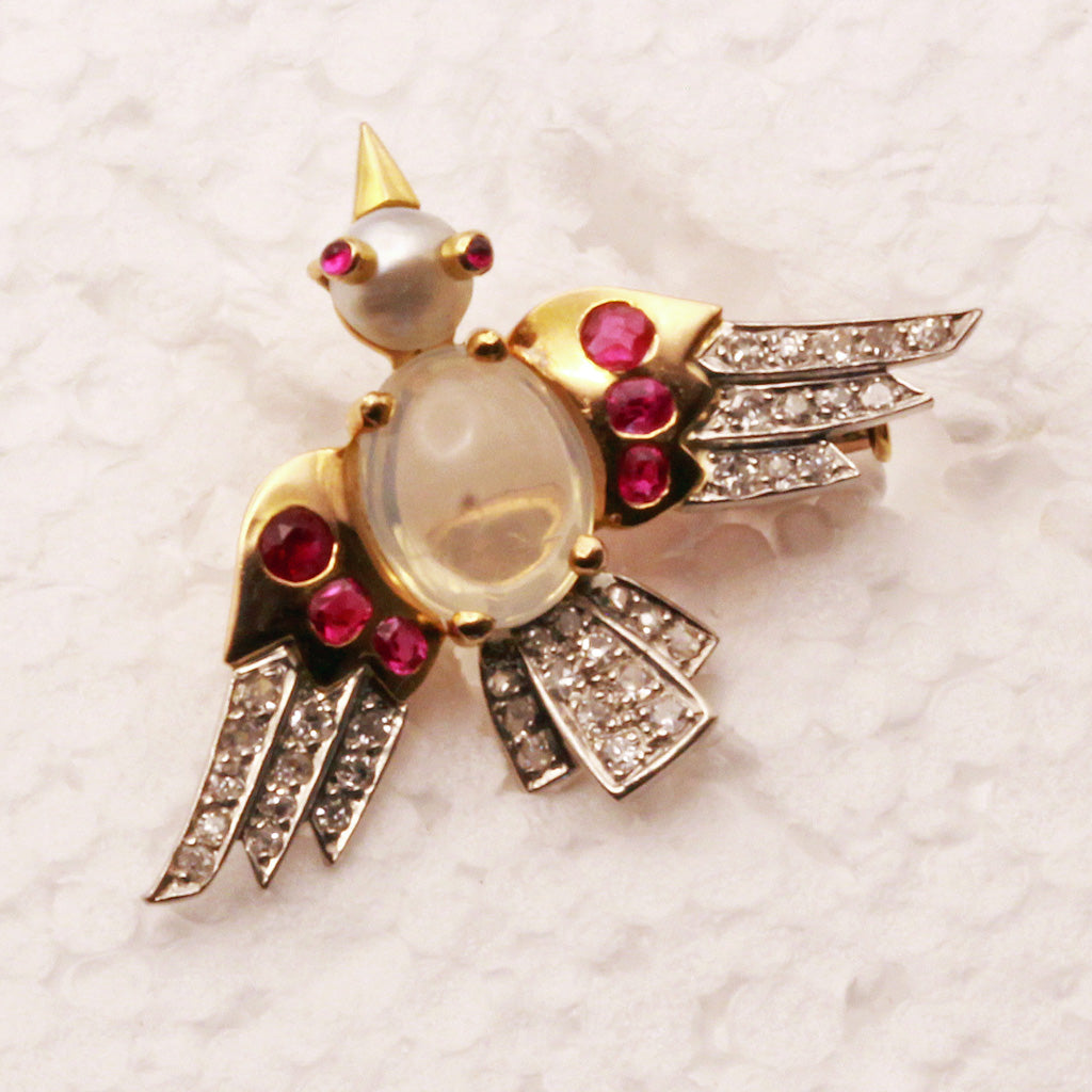 Retro Vintage brooch gold platin diamonds ruby moonstone pearl French bird (7324