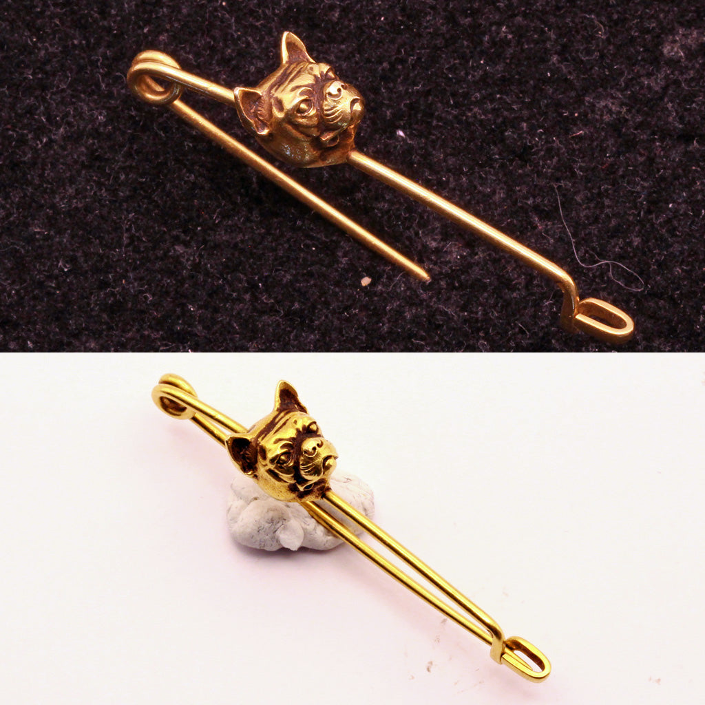 Antique Victorian brooch 18k gold French Bulldog Safety Pin Unisex Clasp (7325)