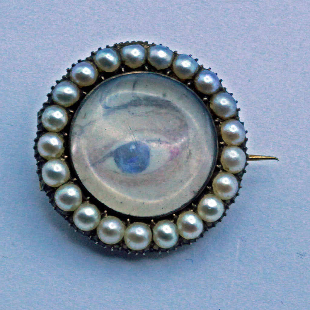 Antique Georgian miniature eye brooch with locket Gold pearls Unisex  (7348)