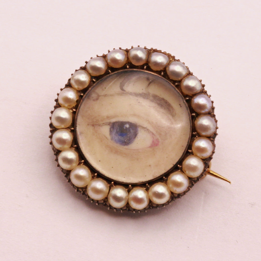 Antique Georgian miniature eye brooch with locket Gold pearls Unisex  (7348)