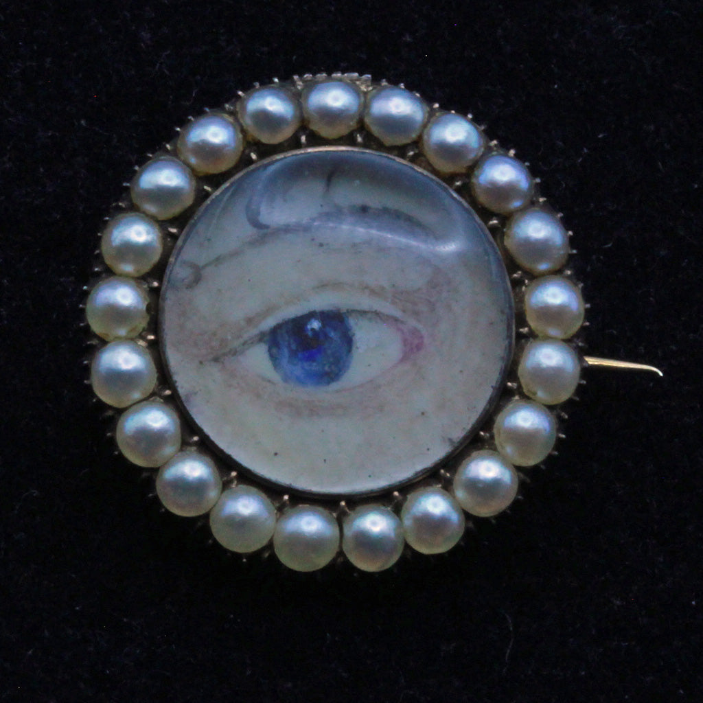 Antique Georgian miniature eye brooch with locket Gold pearls Unisex  (7348)