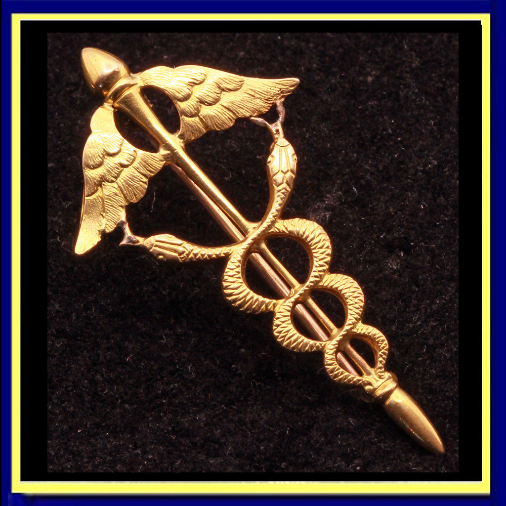 Antique Victorian Caduceus brooch gold winged snakes medicine doctors