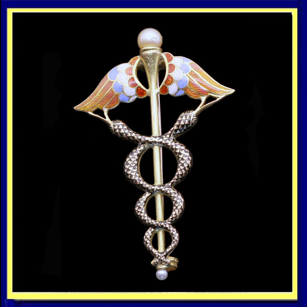 Victorian caduceus brooch gold pearls enamel snakes doctors GIULIANO
