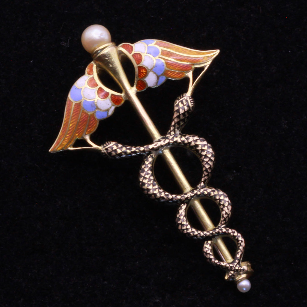 Victorian Caduceus Brooch gold pearls enamel Snakes Doctors GIULIANO (7353)