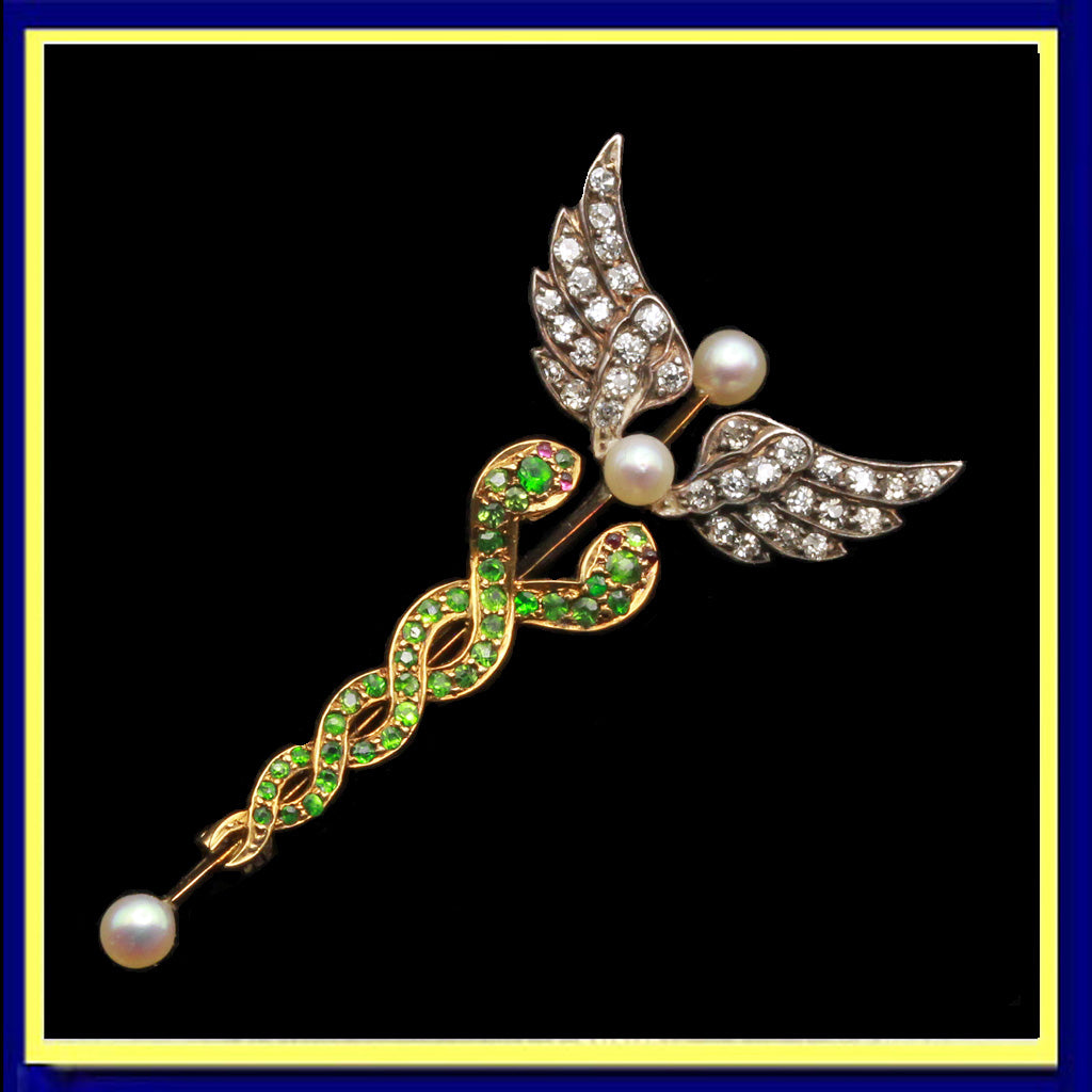 Victorian Caduceus brooch gold demantoid garnets diamonds pearls snakes