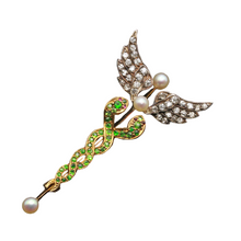 Victorian Caduceus brooch gold demantoid garnets diamonds pearls snakes (7354)