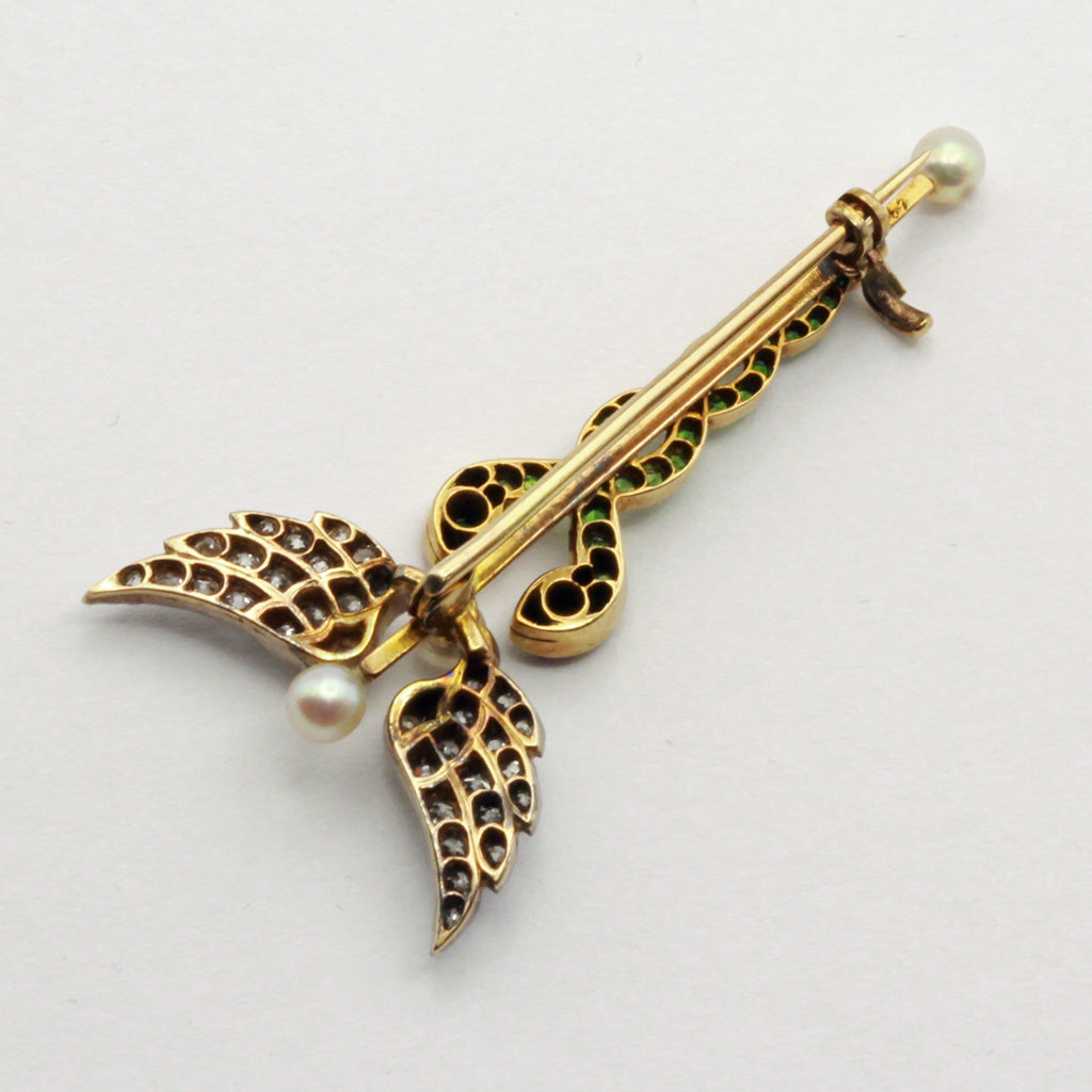 Victorian Caduceus brooch gold demantoid garnets diamonds pearls snakes (7354)