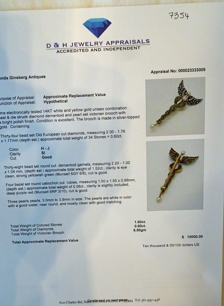 Victorian Caduceus brooch gold demantoid garnets diamonds pearls snakes (7354)