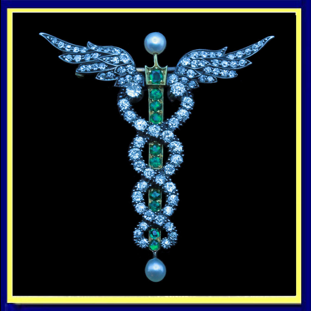 antique pendant brooch caduceus snakes gold diamonds emeralds pearls