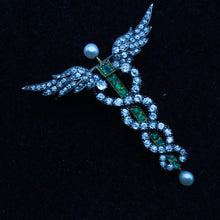 Antique pendant brooch Caduceus snakes gold diamonds emeralds pearls (7358)