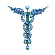 Antique pendant brooch Caduceus snakes gold diamonds emeralds pearls (7358)