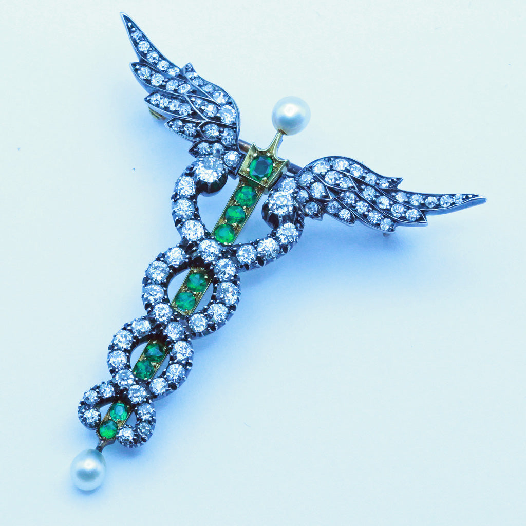 Antique pendant brooch Caduceus snakes gold diamonds emeralds pearls (7358)