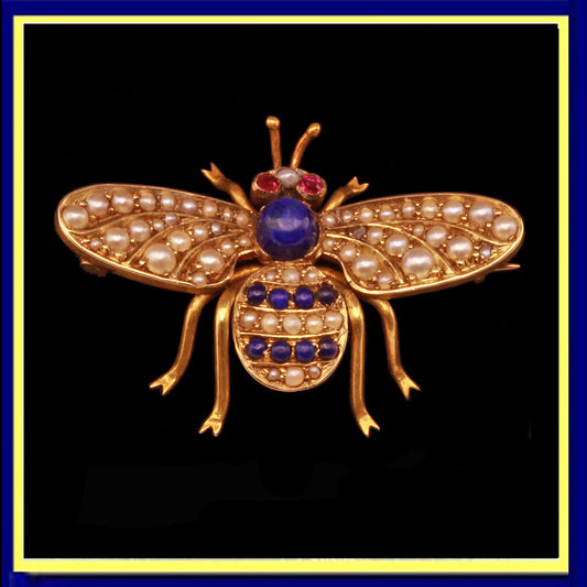 antique Victorian brooch bee gold lapis lazuli perals rubies bee Unisex