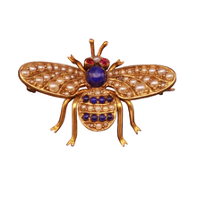 Antique Victorian Brooch Bee Gold lapis lazuli pearls rubies bee Unisex (7366)