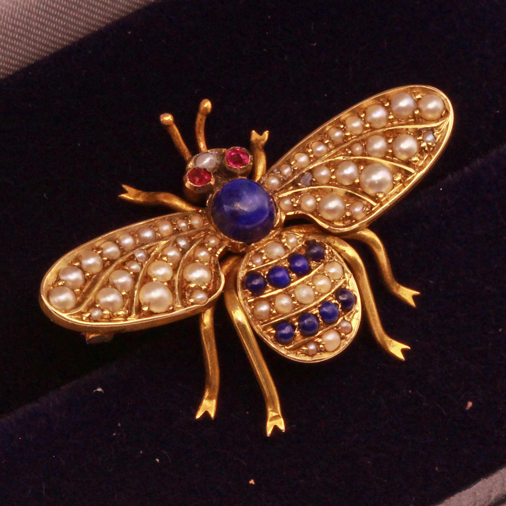 Antique Victorian Brooch Bee Gold lapis lazuli pearls rubies bee Unisex (7366)