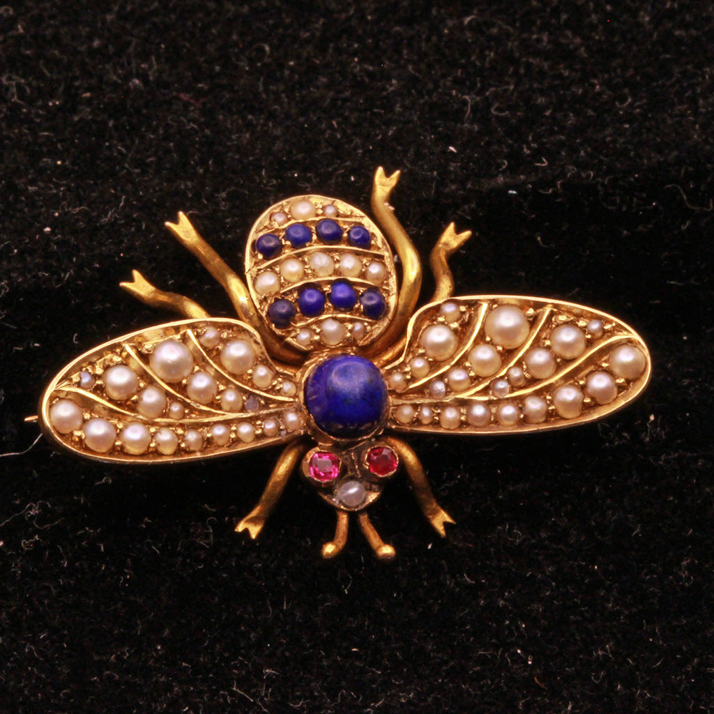 Antique Victorian Brooch Bee Gold lapis lazuli pearls rubies bee Unisex (7366)