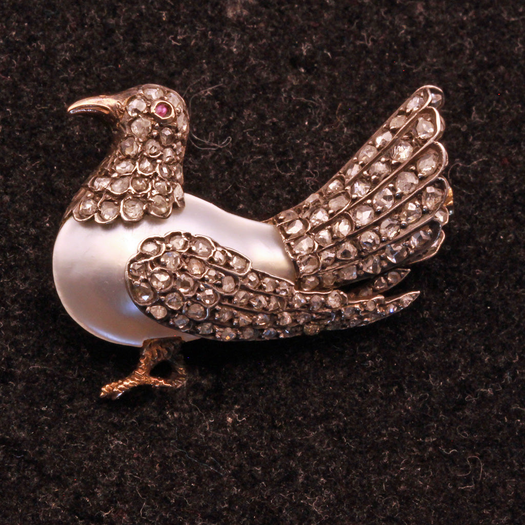 Antique Victorian brooch gold silver pearl diamonds French Dove of Peace (7367)