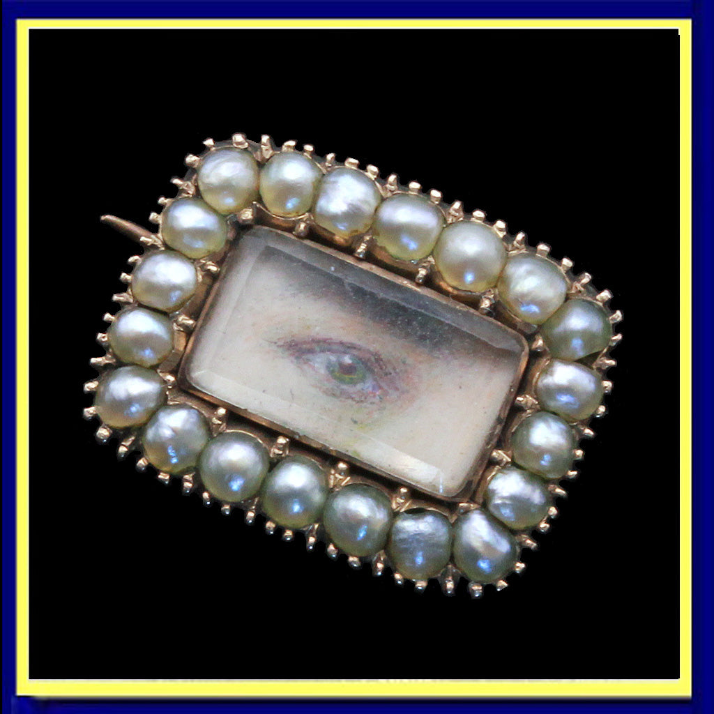 antique Georgian tiny miniature eye portrait brooch gold pearls unisex