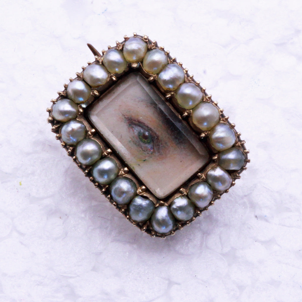 Antique Georgian tiny miniature eye portrait brooch gold pearls Unisex (7349)