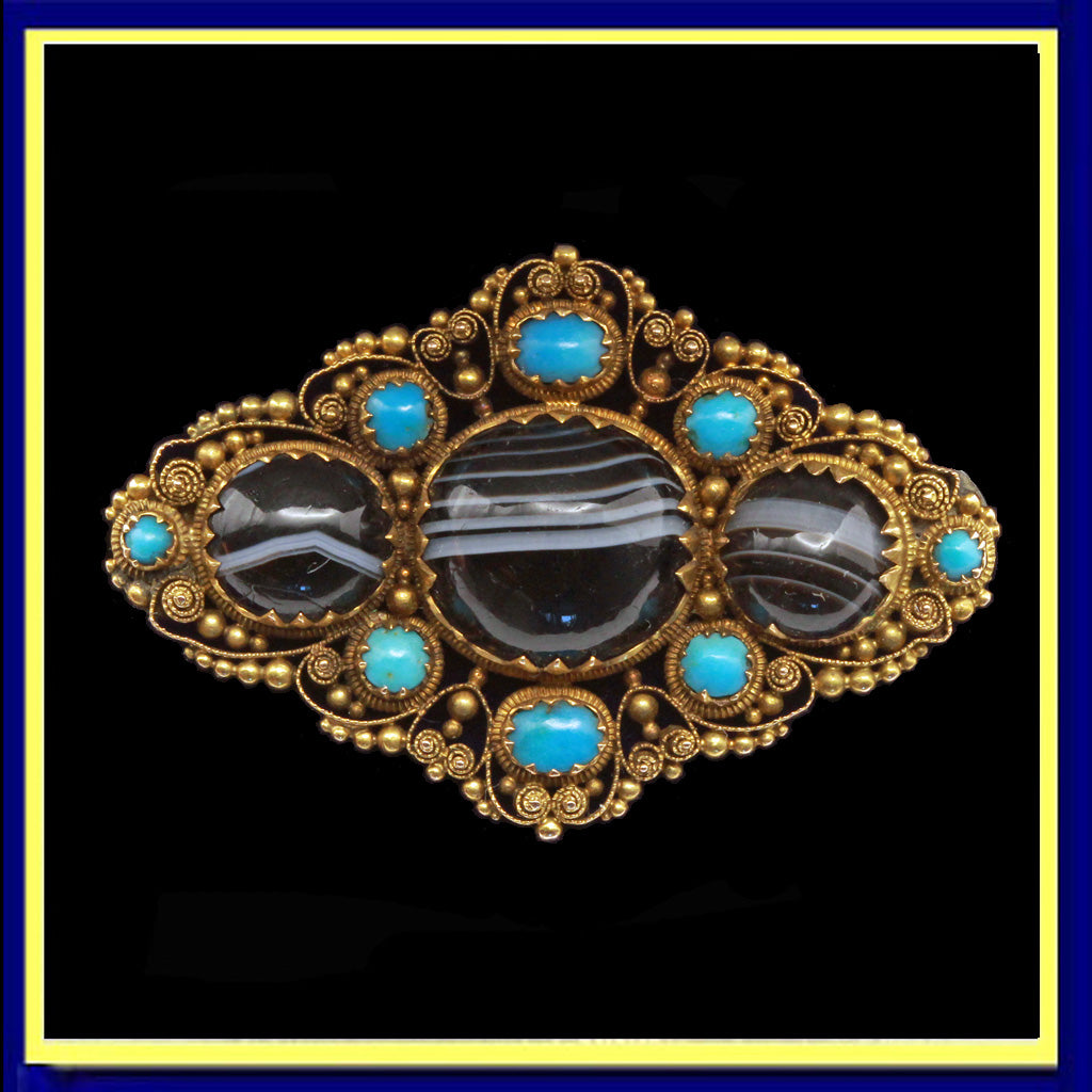 Antique Georgian brooch cannetille gold agate turquoise English unisex